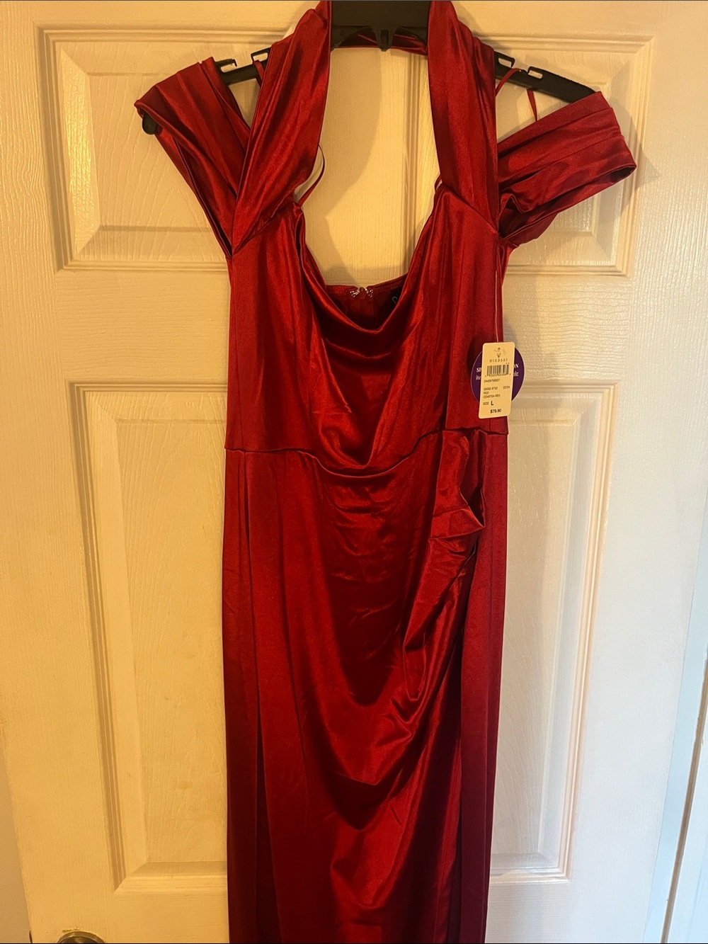 Red Satin Evening Dress with Draped Cowl Neck size large NWT